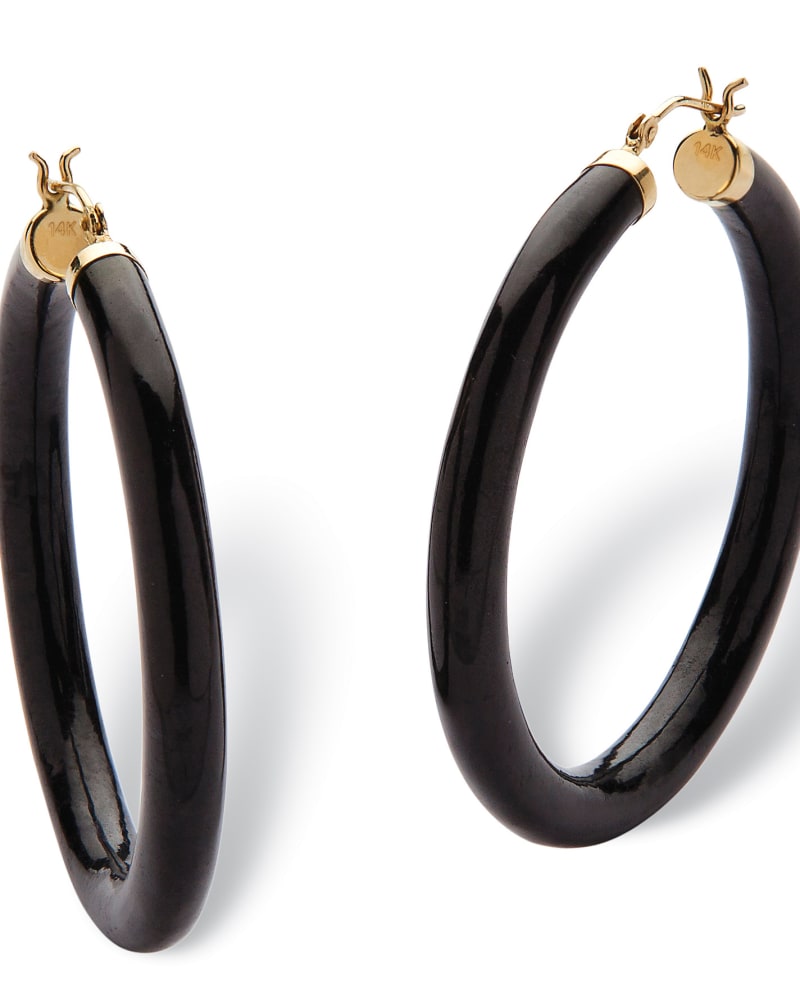 Genuine Black Jade Hoop Earrings in 14k Yellow Gold Black